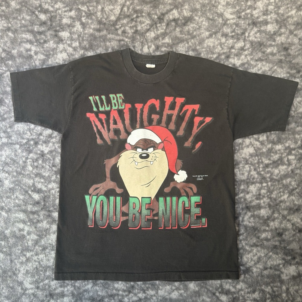 1995 Taz Looney Tunes Naughty & Nice TShirt Mens XL Black USA Christmas Freeze